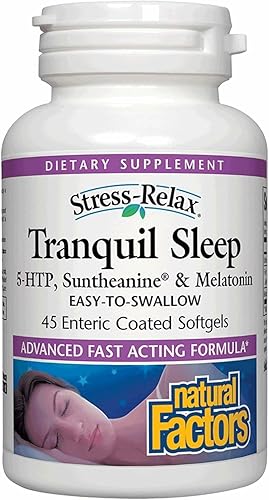 Estrés-Relax sueño tranquilo por factores naturales, ayuda para dormir con Suntheanine L-teanina, 5-HTP, melatonina, 45 cápsulas blandas