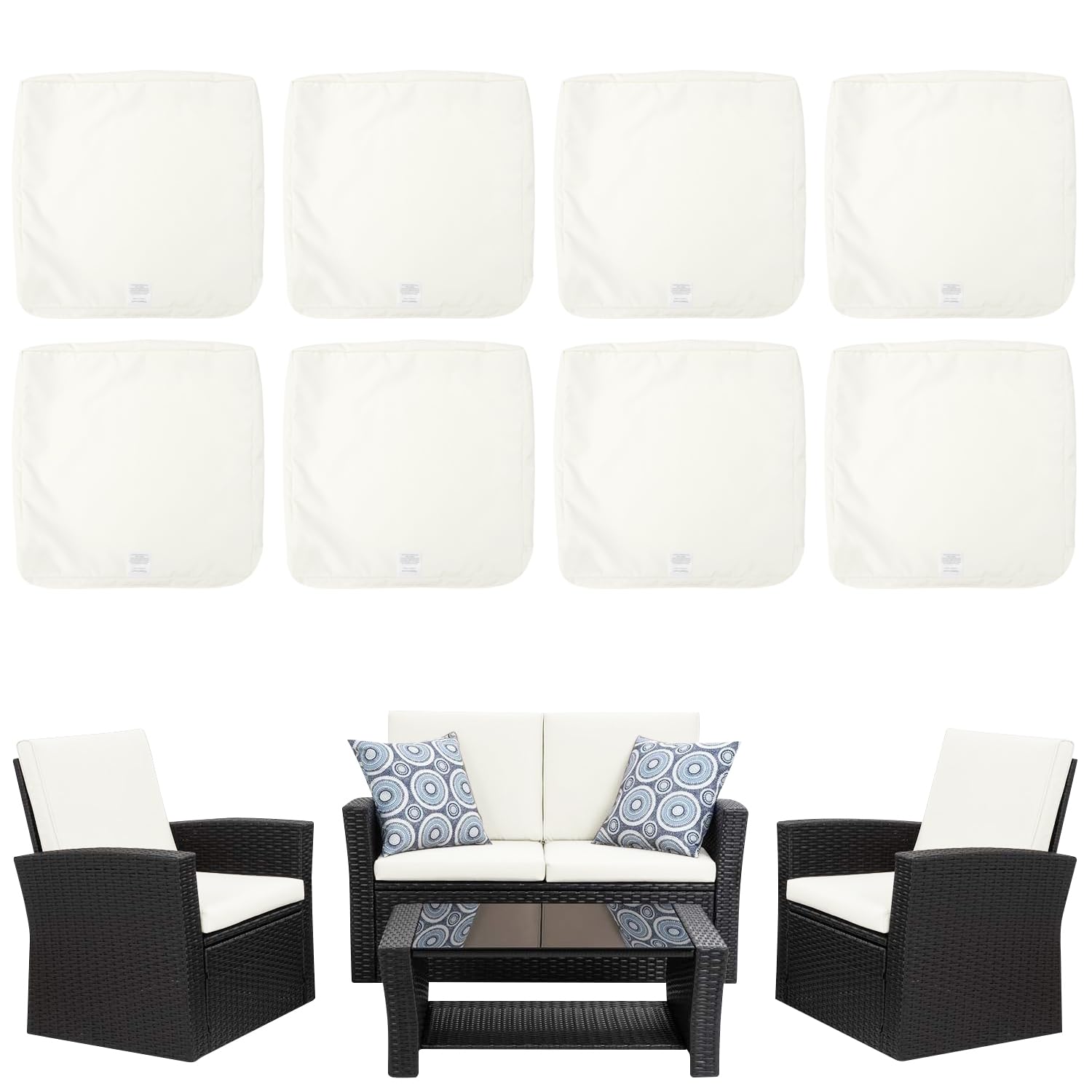 8 Pack Outdoor Patio Cushions and Pillows Replacement Covers Fit for 4 Pieces 4-Seater Wicker Rattan Porch Furniture Conversation Set Sofa Chair Couch,Splashproof Fadeless,Cream-Cover Only