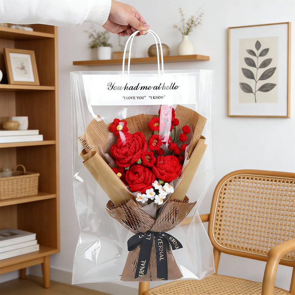 NAVESO Bouquet de fleurs en crochet fait à la main, roses rouges éternelles pour Saint-Valentin