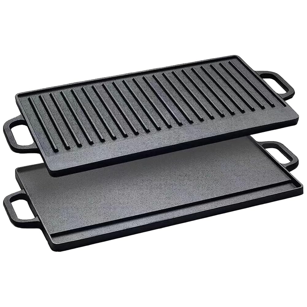 Griglia rettangolare reversibile in ghisa, piastra in ghisa, bifacciale con doppi manici, piastra per barbecue, campeggio, giardino
