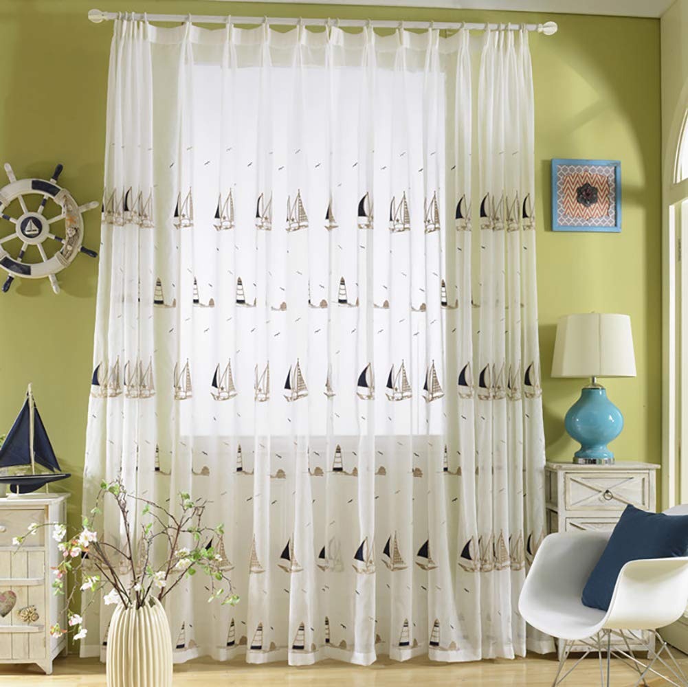 Kinder Vorhang Transparent Jungen Mädchen Segelboot Muster 140x160 Kurz Voile Vorhäng Gardine Kräuselband Fensterschals Lichtdurchlässige Babyzimmer