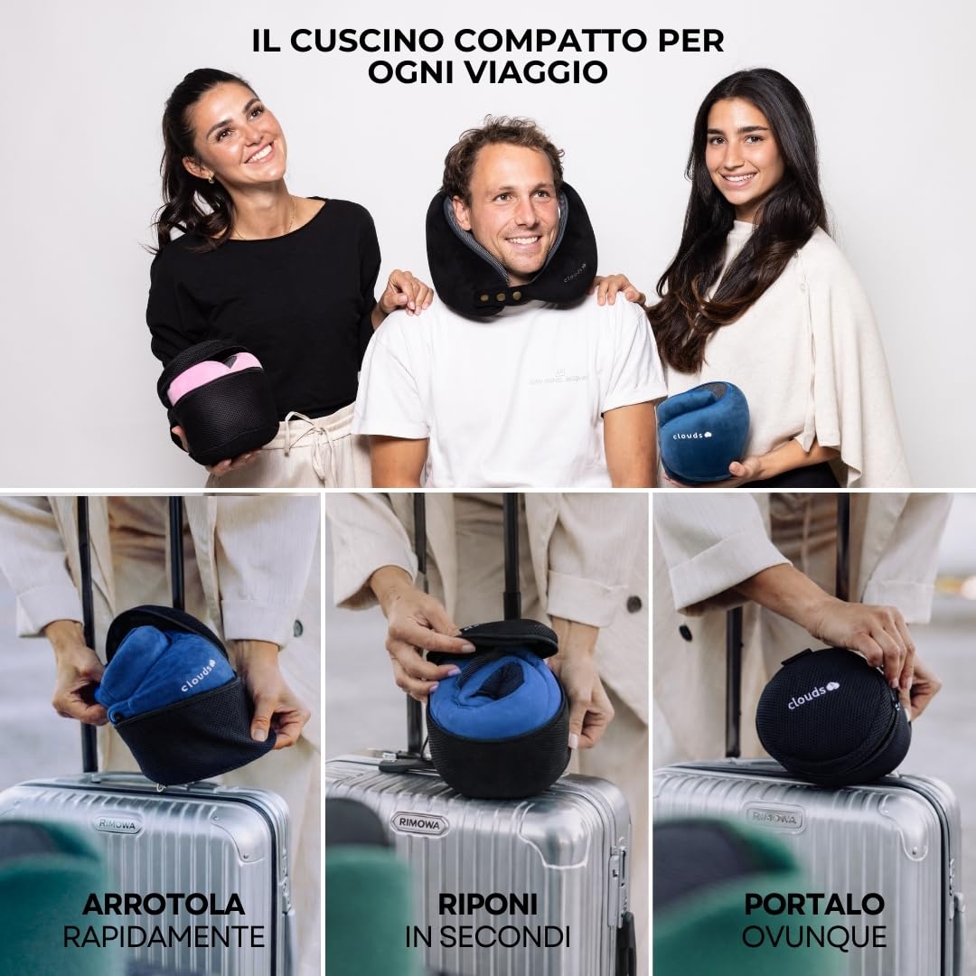 CLOUDS Almohada cervical para avión y coche, almohada de viaje ajustable de espuma viscoelástica en 2 tamaños para adultos, funda transpirable extrasuave, incluye bolsa de transporte (azul, S/M)