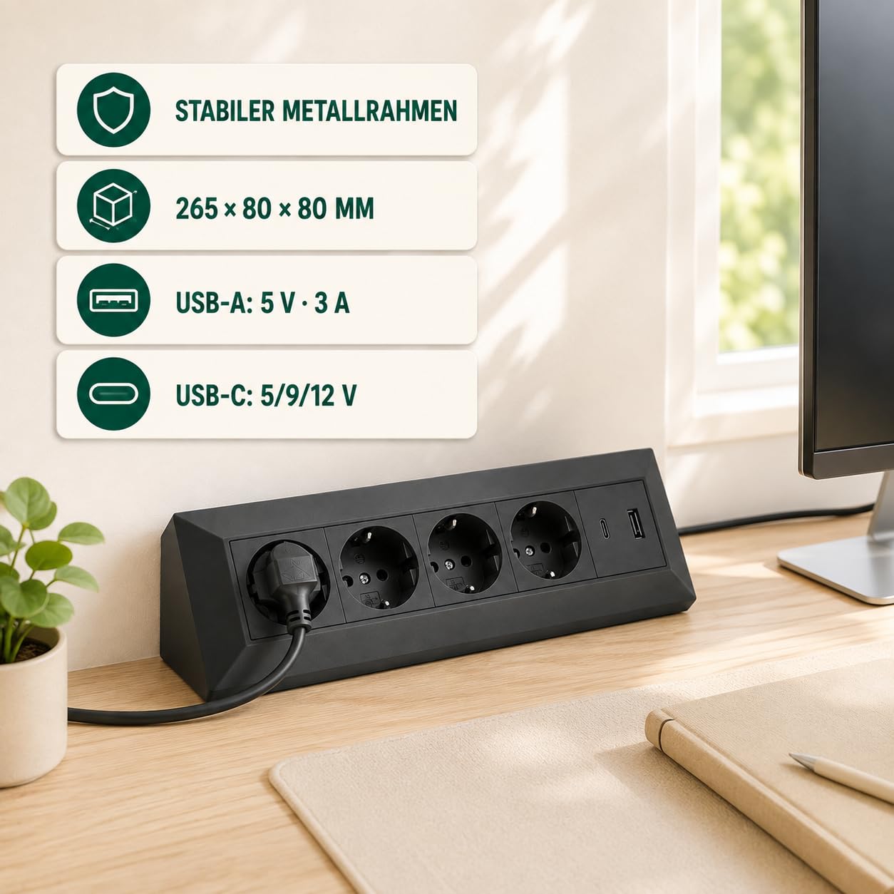 Steckdosenblock 4-Fach & USB-A/C schwarz - hochwertige Steckdosenleiste Ecksteckdose Tischsteckdose Mehrfachsteckdose - für Küche, Werkstatt, Arbeitsplatte, Möbel-Steckdose, Schreibtisch
