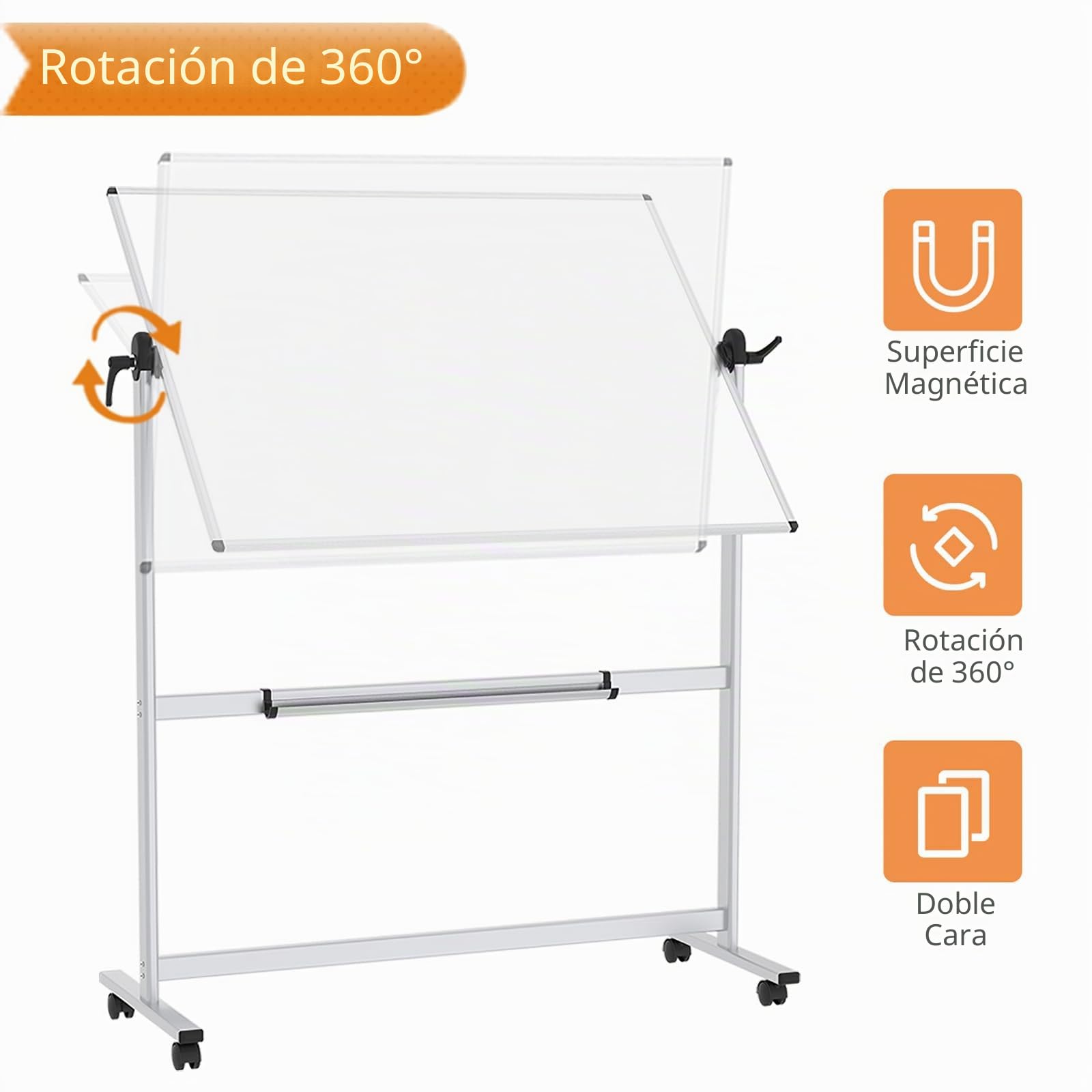 VIZ-PRO Pizarra blanca móvil magnética de doble cara 120x90 cm, con ruedas y marco de aluminio, para oficina y aula