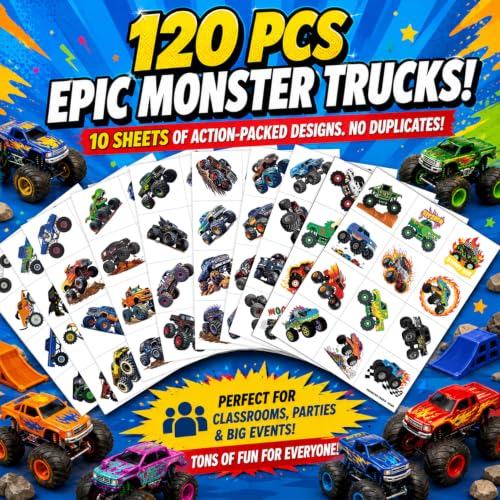 Image of 120 PCS Monster Truck Race Car Pre-Cut Temporary Tattoos for Kids | | Super Cute Themed Birthday Party Favors, Supplies, Decorations, Fake Tattoo Stickers, Rewards & Gifts for Boys Girls