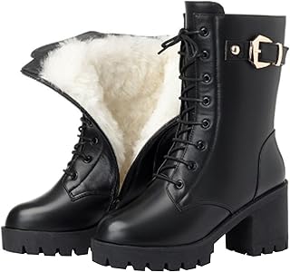 Bottes en cuir pour femme - Bottes d'hiver chaudes - Bottes basses à lacets - Fermeture éclair - Bottes de moto classiques à lacets - Bottes résistantes doublées - Bottes courtes pour femme