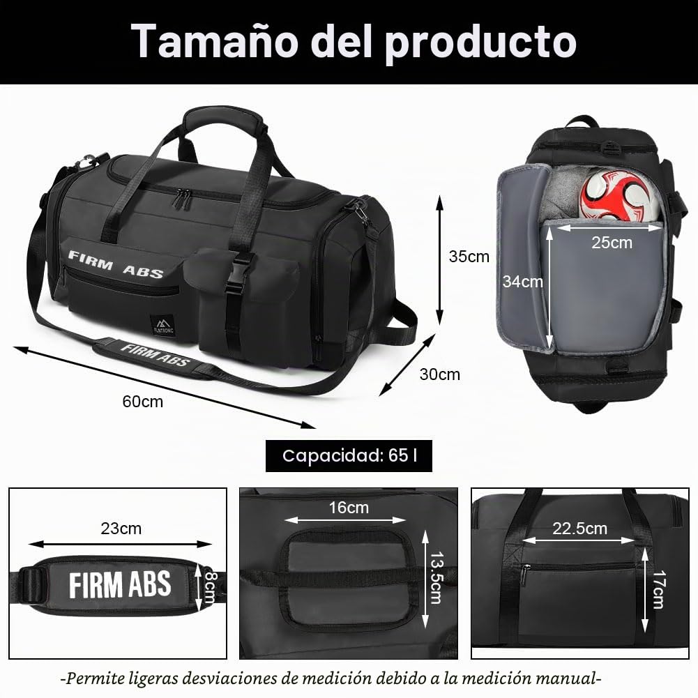 Flintronic 65L Bolsa Deporte Gimnasio, Bolsa de Viaje, Bolsa Deporte Fitness, con Zapato Separada Seco y Humedo, Ligera e Impermeable, Hombre y Mujer, para Deportivo Viaje Gimnasio, Negro