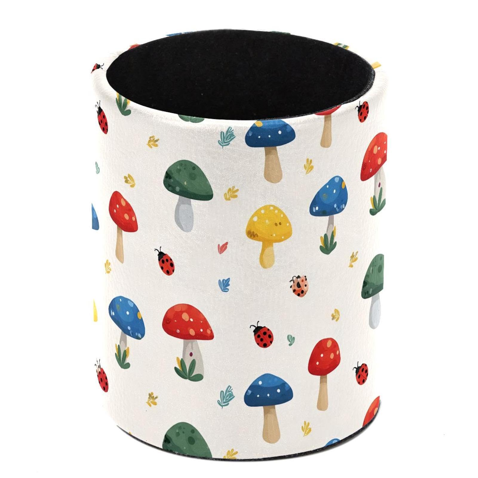 HEOEH Mushroom Ladybugs Pen Holder for Desk, PU Leather Pencil Holder Pen Cup Marker Holder Makeup Brush Holders, Desk Accessories & Workspace Organizers for Home, Office