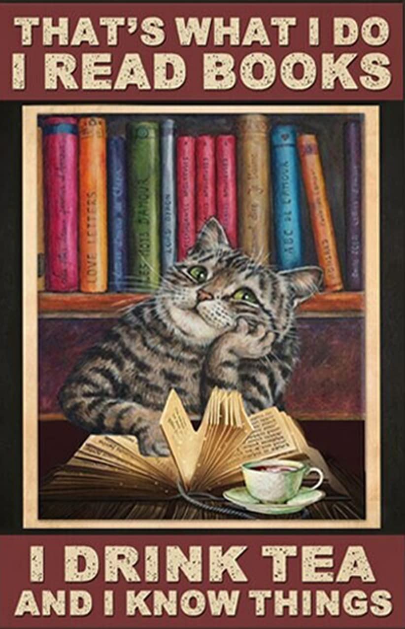 HOUVSSEN Funny Black Cat Poster, I Read A Book and Drink Tea, A Funny Cat Poster, an Art Gift for Cat Lovers, A Greenhouse Gifthalloween Poster Vintage Metal Sign 8x12inch