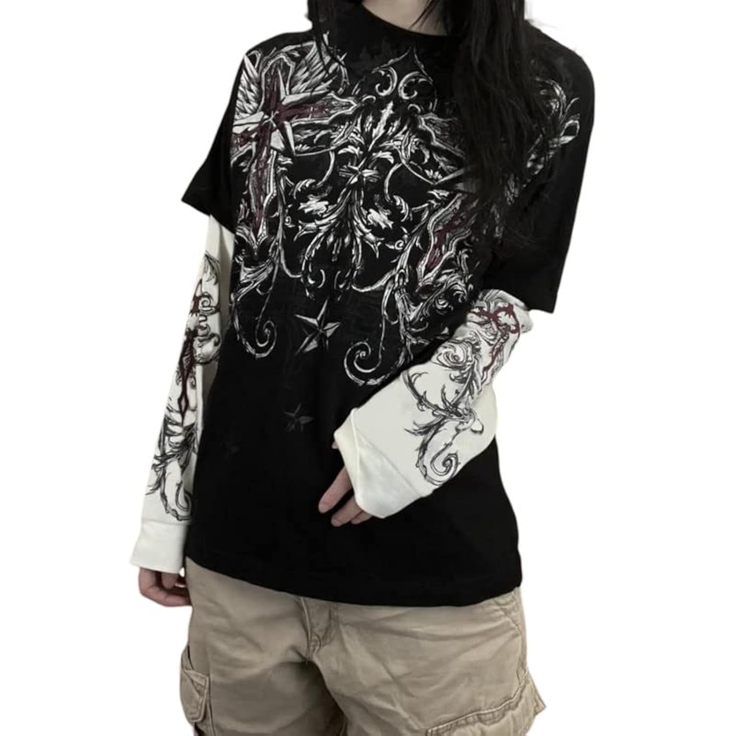 Women's Y2K Fairy Grunge Sweatshirt Long Sleeve Graphic Print Oversized T-Shirt Gothic Streetwear Pullover Top