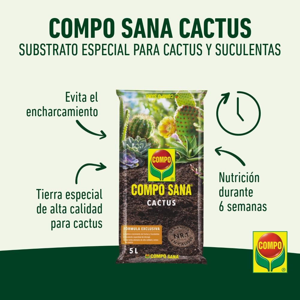Compo Sana Substrato para Cactus y suculentas con 8 semanas de abono para Todas Las Especies de Cactus y suculentas, Substrato de Cultivo, 5 L, 37x23x5.5 cm, 1122106011 — view 2