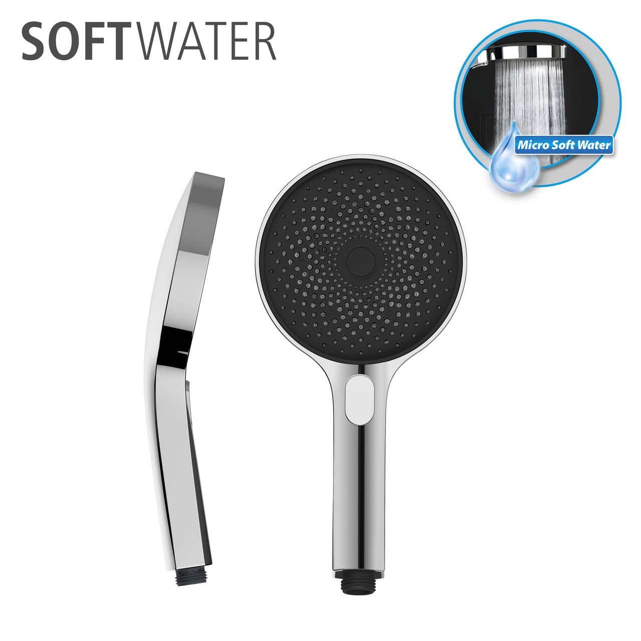 WENKO Set de ducha Softwater, barra de ducha de acero inoxidable en diseño cuadrado con cabezal de ducha Softwater para agua microfina y flexo de ducha a juego, apto para calentadores de agua, cromo
