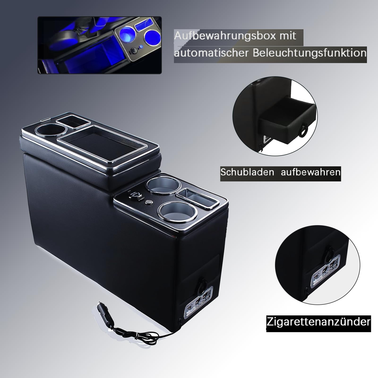 Mittelkonsole mit Ablagen Staufach kompatibel mit VW T4 T5 T6 T6.1 T7 2003-2019, Leder Zubehör mit USB, Blu LED-Leuchten und Zigarettenanzünder, Schwarz