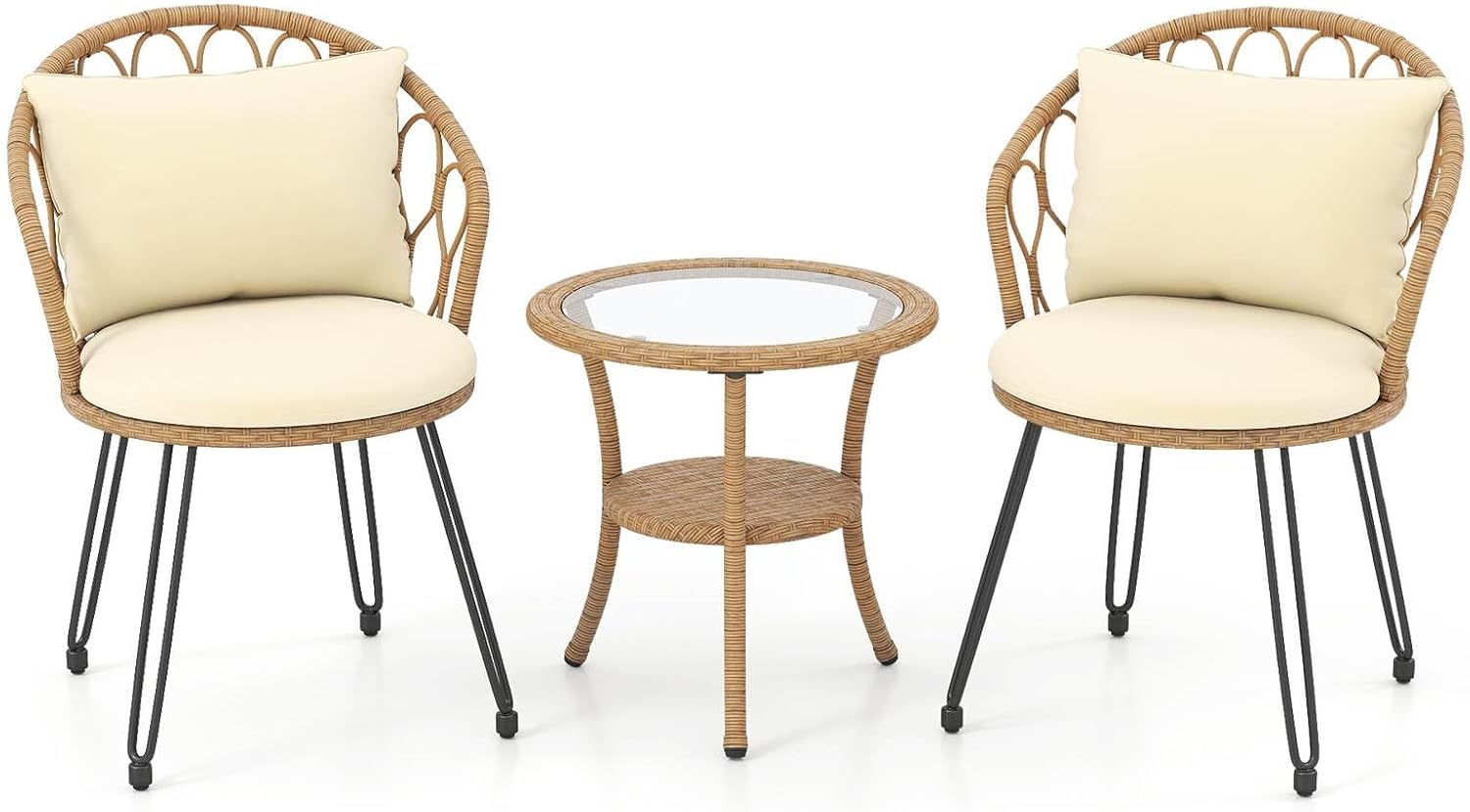 Costway 3 Pieces PE Wicker Patio Bistro Set, Outdoor Conversation Set with Cushions and 2-Tier Tempered Glass Coffee Table, Outside Furniture Set with Rattan Chairs for Porch, Balcony, Deck and Garden