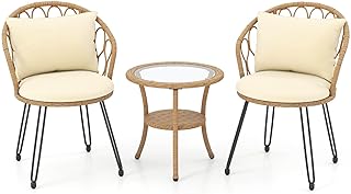 Costway 3 Pieces PE Wicker Patio Bistro Set, Outdoor Conversation Set with Cushions and 2-Tier Tempered Glass Coffee Tabl...
