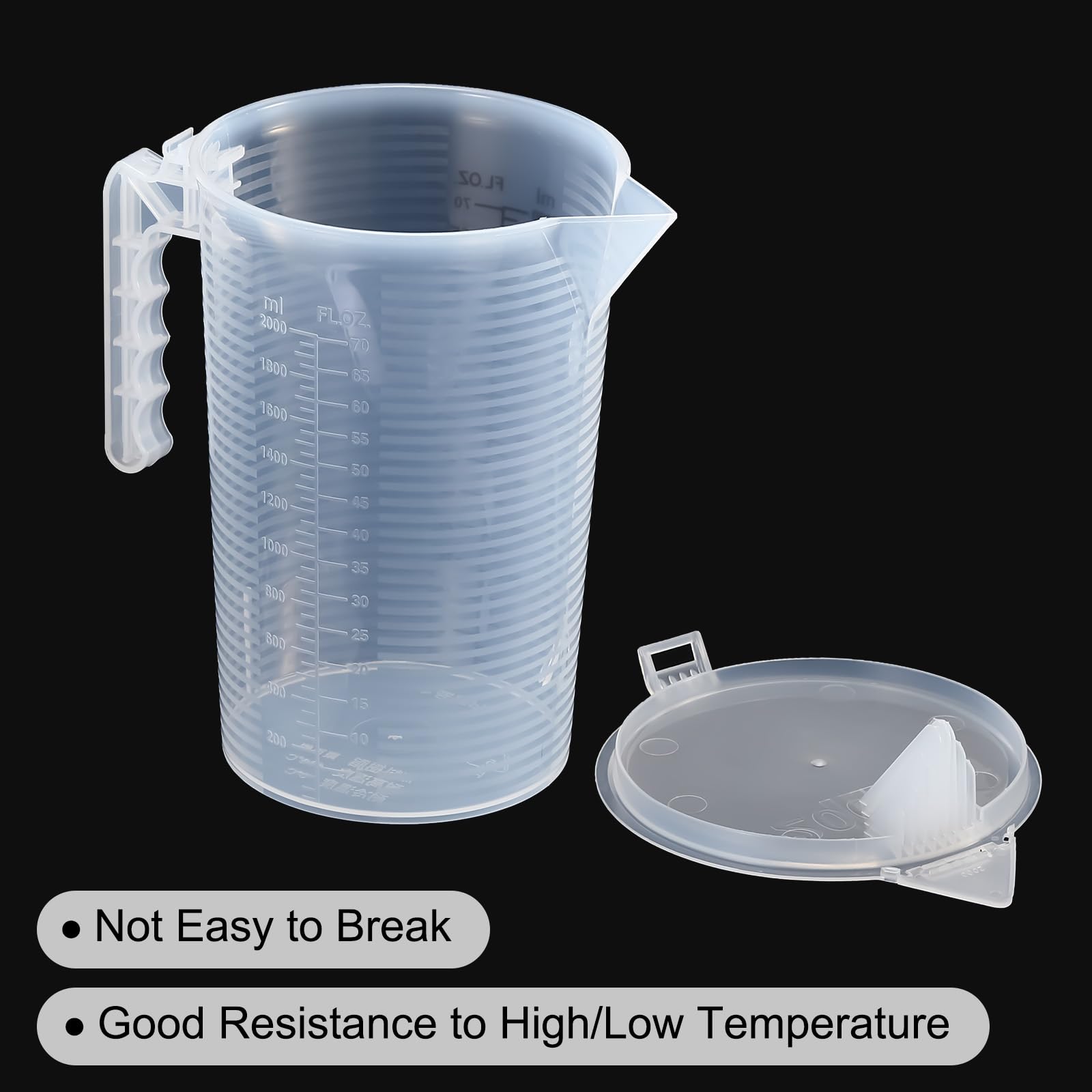 PATIKIL Vaso graduado, vaso medidor de líquido de plástico PP de 2000 ml, graduaciones negras con tapa de mango y boquilla para laboratorio, cocina, hogar