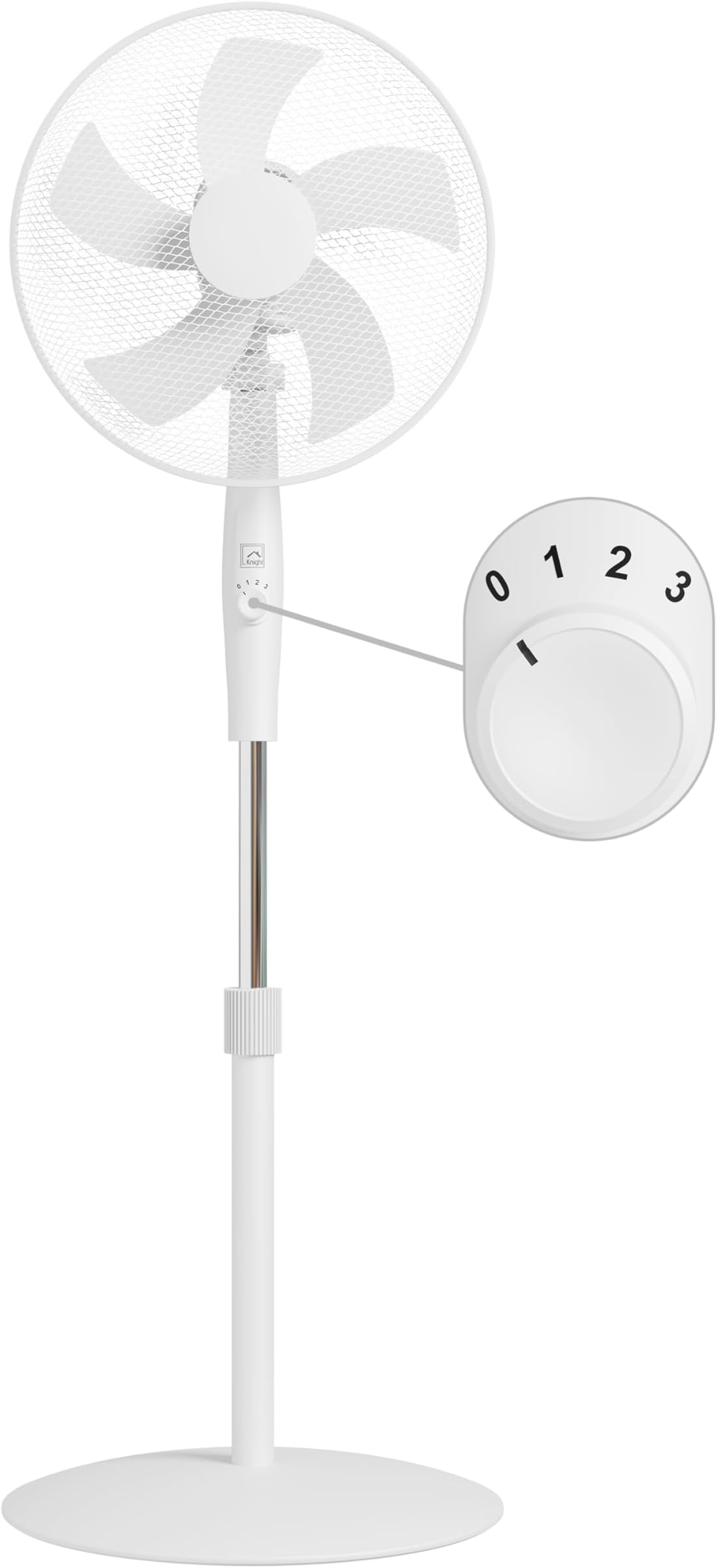 Knight 16" Pedestal Stand Fan with Rotary Knob | Round Base | 140cm Adjustable Height | 3-Speed Setting | Heavy Round Base | Oscillating & Tilting Head | Matt White | Patent Design