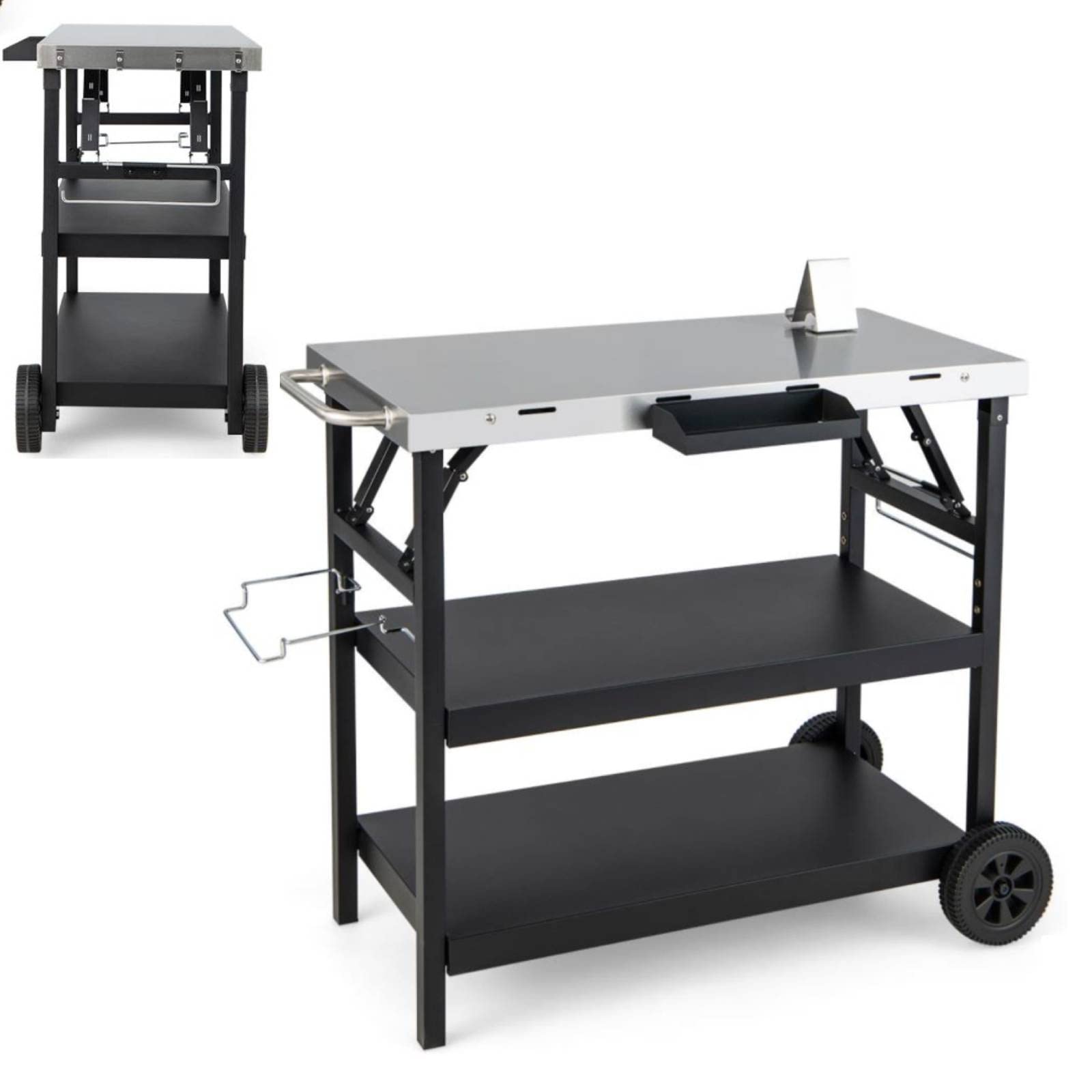TANGZON Movable Dining Table Cart, 3-Tier Stainless Steel Flattop Food Prep Serving Table with 2 Wheels, Side Handle, Spice Rack & Phone Holder, Outdoor Folding Pizza Oven Trolley for BBQ Picnic