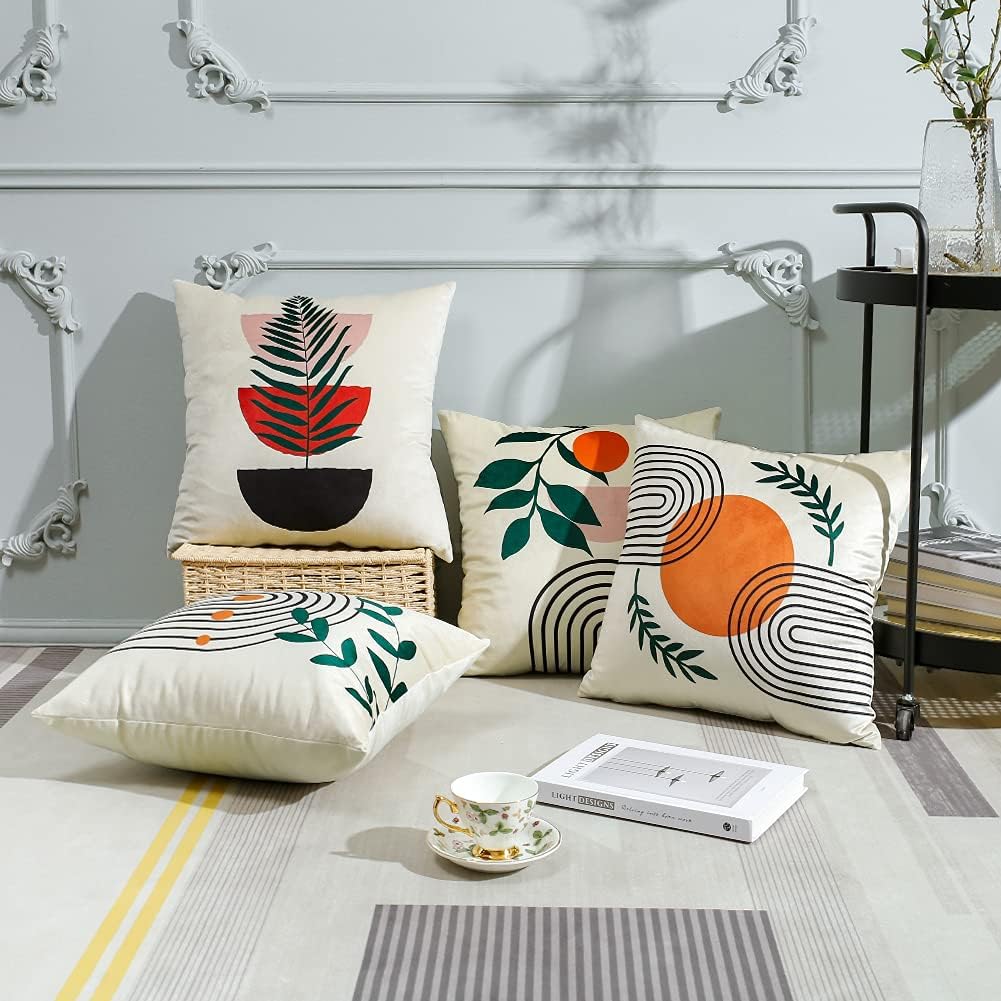 JOTOM Cushion Covers 45x45cm Soft Velvet Decorative Pillow Covers Set of 4 Modern Abstract Painting Leaf Pillowcase Throw Pillow Covers for Sofa Bedroom Couch Home Outdoor Decor (Abstract Geometry A) 6 6141Sp0F2RS. AC SL1001