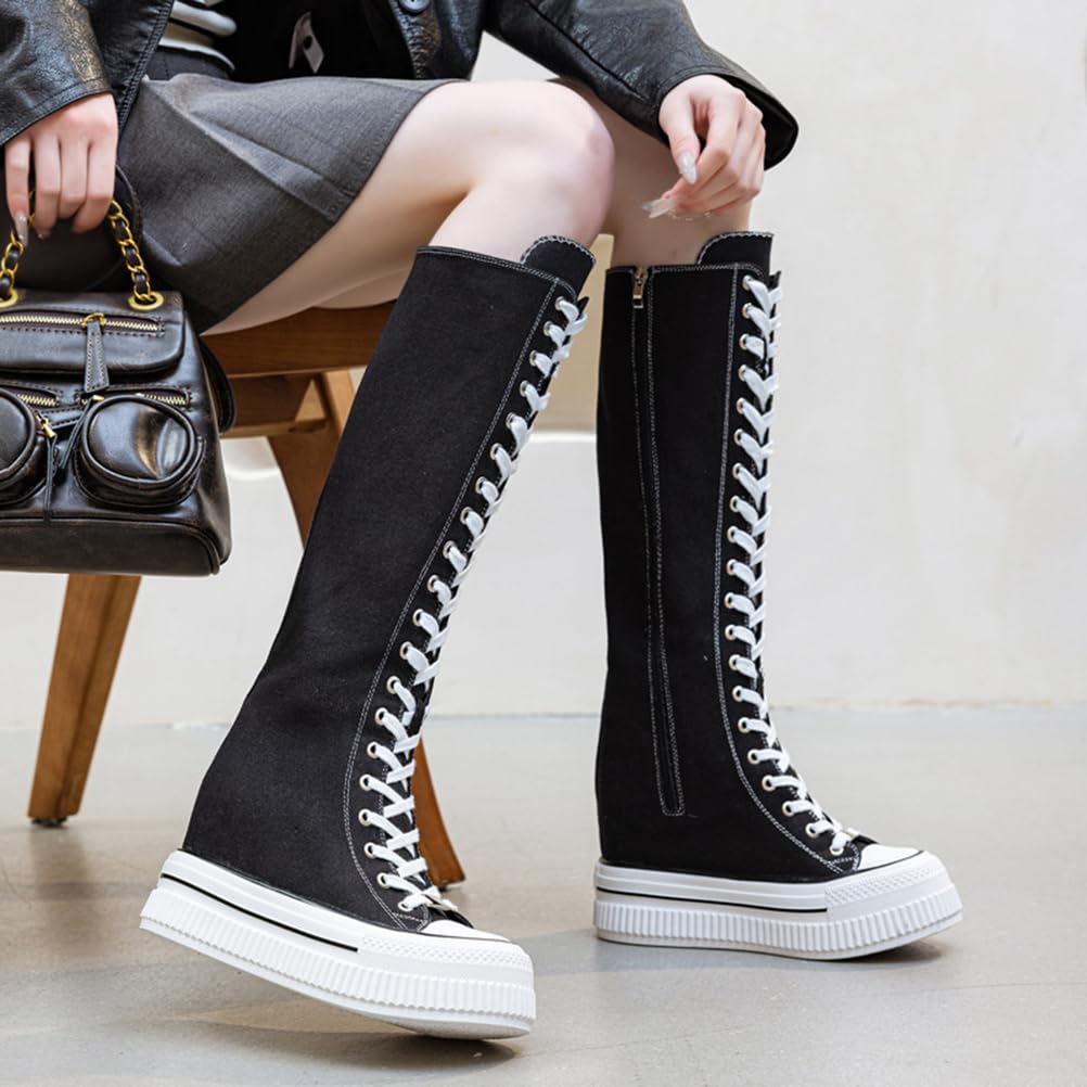 Stivali da Donna con Zip in Tela Alta Fino al Ginocchio, alla Moda, con Lacci da 13 cm, Scarpa Elegante per Ragazze da Scuola