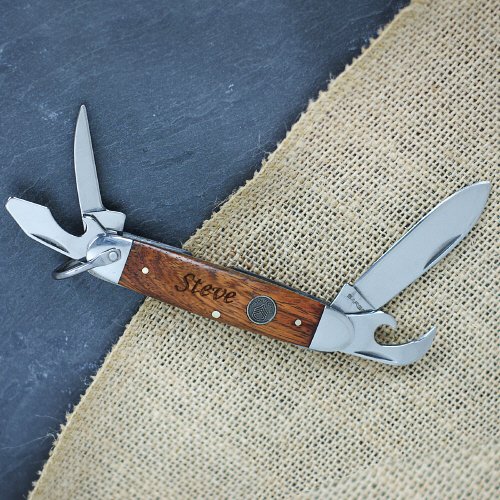 GiftsForYouNow Engraved Dark Wood Pocket Knife, Can/Bottle Opener, Awl