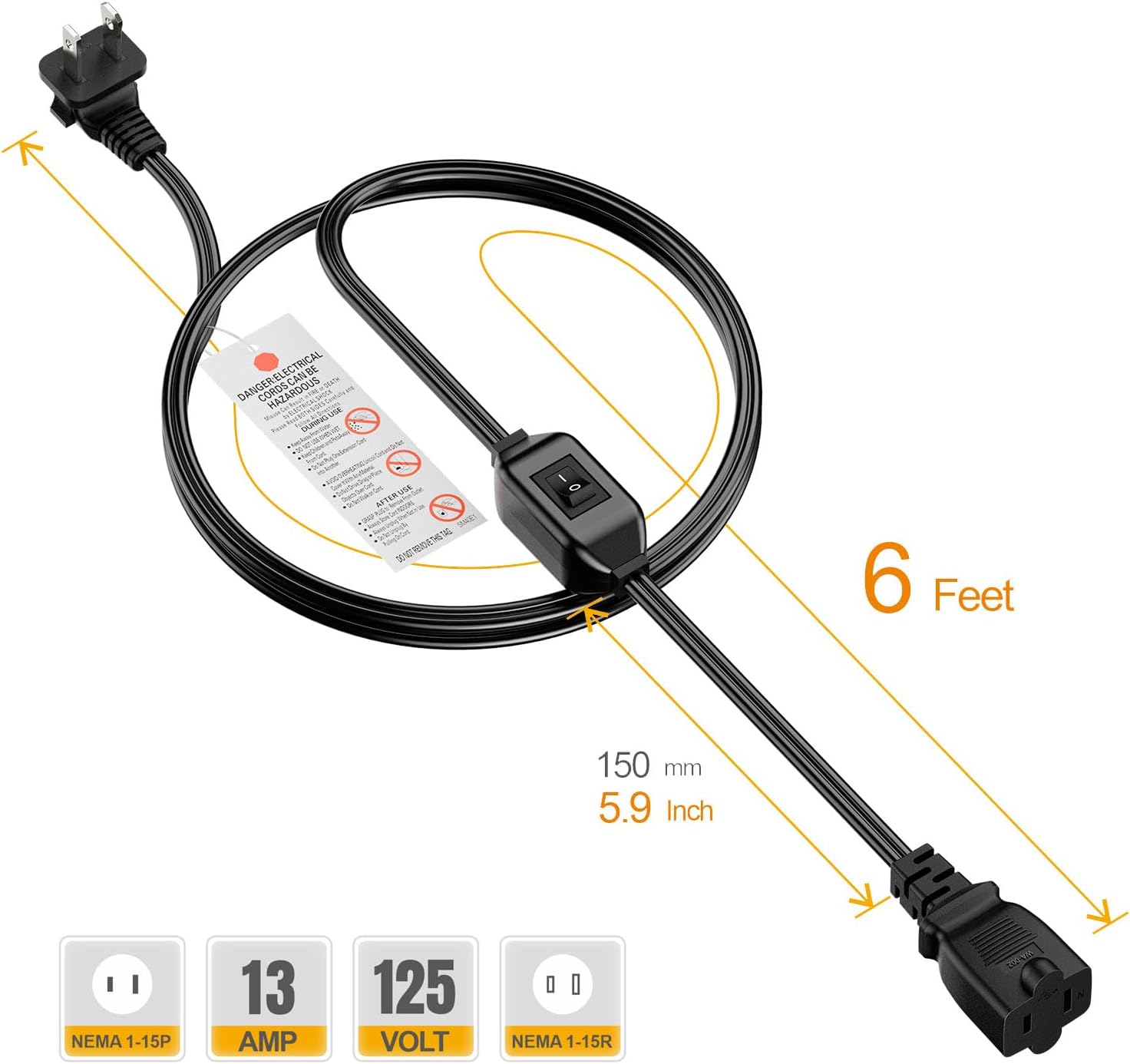 [6-Feet] On Off Switch Extension Cord, Right Angle 2-Prong Polarized Extension Cord with On-Off Inline Switch 12A 125V for Your Chargers/Lamp/Power Adapters etc, 16AWG Cord