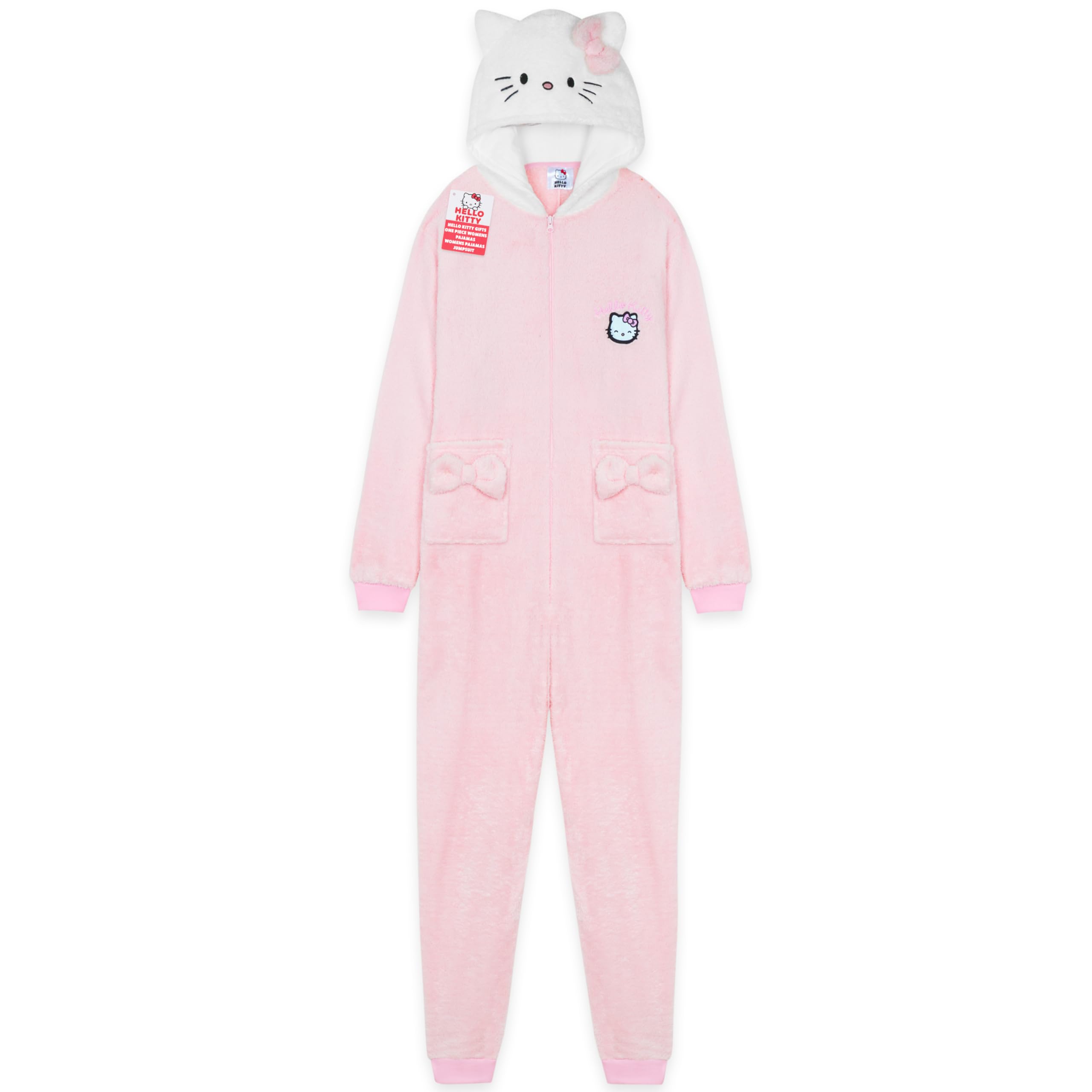 Hello Kitty Sanrio Womens Fleece Onesie with Hood 3D Ears, Cosy Loungewear Pyjamas Kawaii Sleepsuit Teens, Anime Gifts for Women (S, Pink)