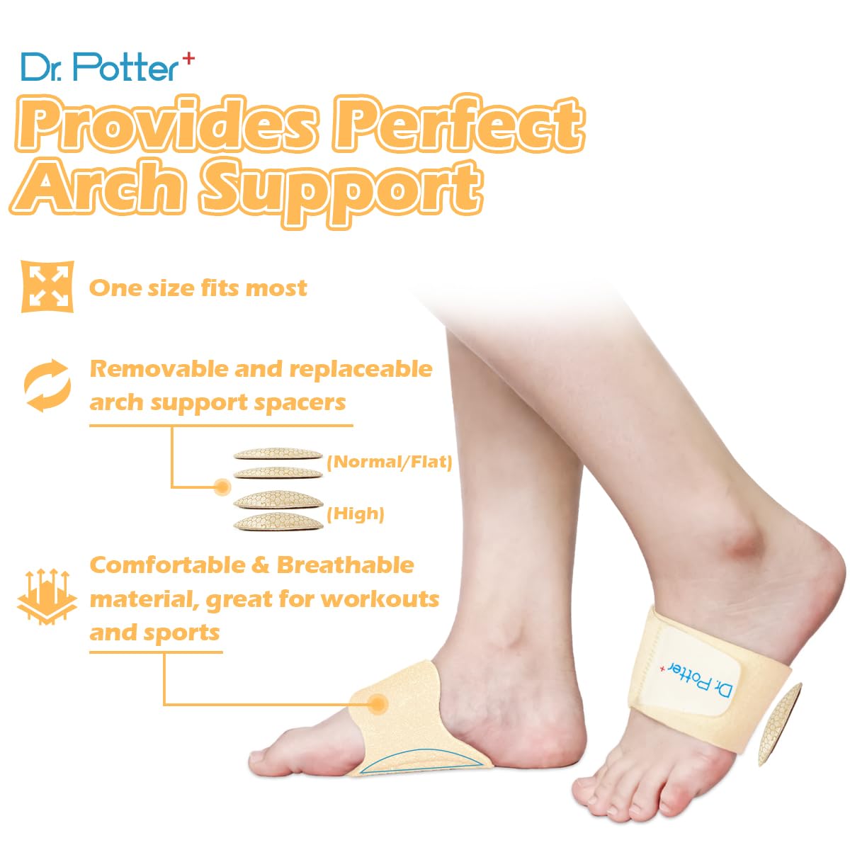 DR. POTTER+ Arch Support Sleeves for Plantar Fasciitis Relief, Adjustable Compression Bands with Removable Arch Support Pads for Fallen Arches, High Arch, Flat Feet, Feet Pain Relief - Beige