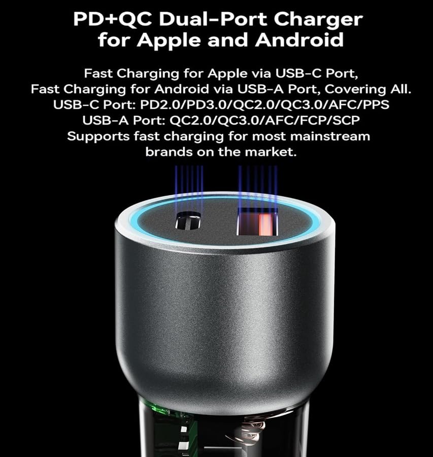 Image of 150W Dual Output Fast Car Charger with Type-C PD & USB, LED Indicator, Adapter & 3 in 1 Cable Compatible with Cars for iPhone & Android Smartphone, Earbud, Power Bank (Black)