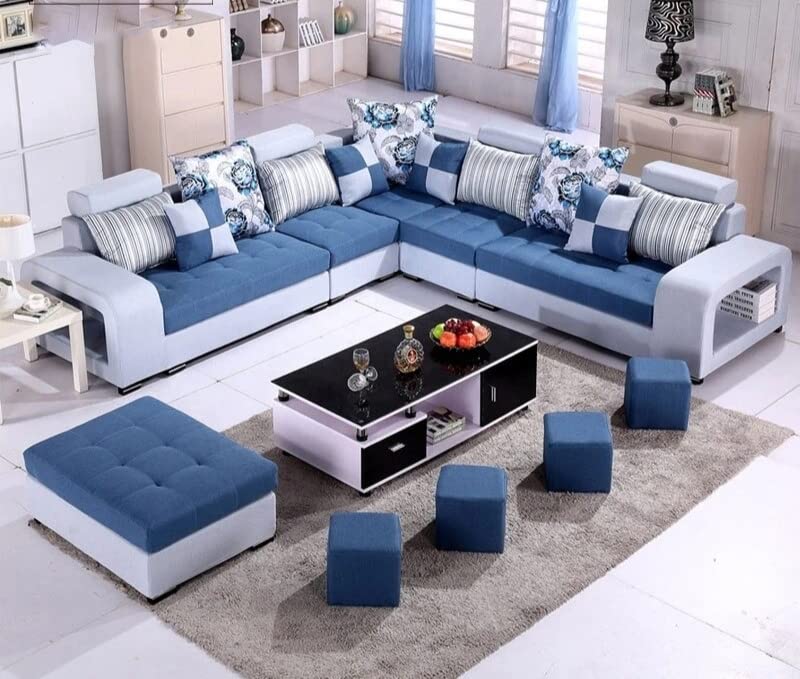Madison Interchangeable U Shape Latest Model 2021 Attractive Sectional Sofa Set-Couch 7 Seater with 4 Pouffe for Living Room. Color-Blue & Light Grey (Blue & Light Grey)