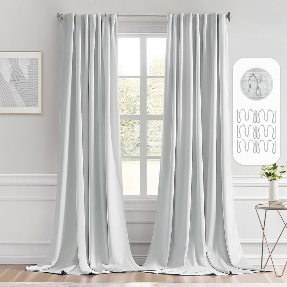 miulee back tab light blocking curtains 102 inch long 2 panels set for living room bedroom, greyish white rod pocket/pinch pleated thermal insulated room darkening floor to ceiling blackout drapes