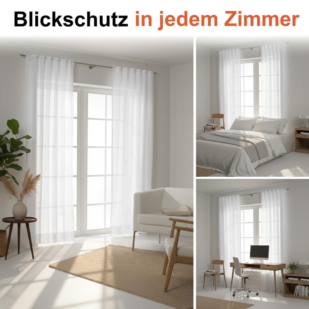 2er Set Schlaufenschal weiss 245 cm transparent moderne weiße Vorhänge, leichte Voile Stores mit verdeckten Schlaufen für lichtdurchlässige Fensterdekoration und elegante Gardinen für modernes Wohnen