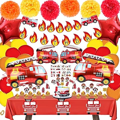 Fire Truck Theme Birthday Party Supplies Fireman Happy Birthday Banner Firefighter Cake Topper Balloon Sticker Decorations For Boys Birthday Party … Cover