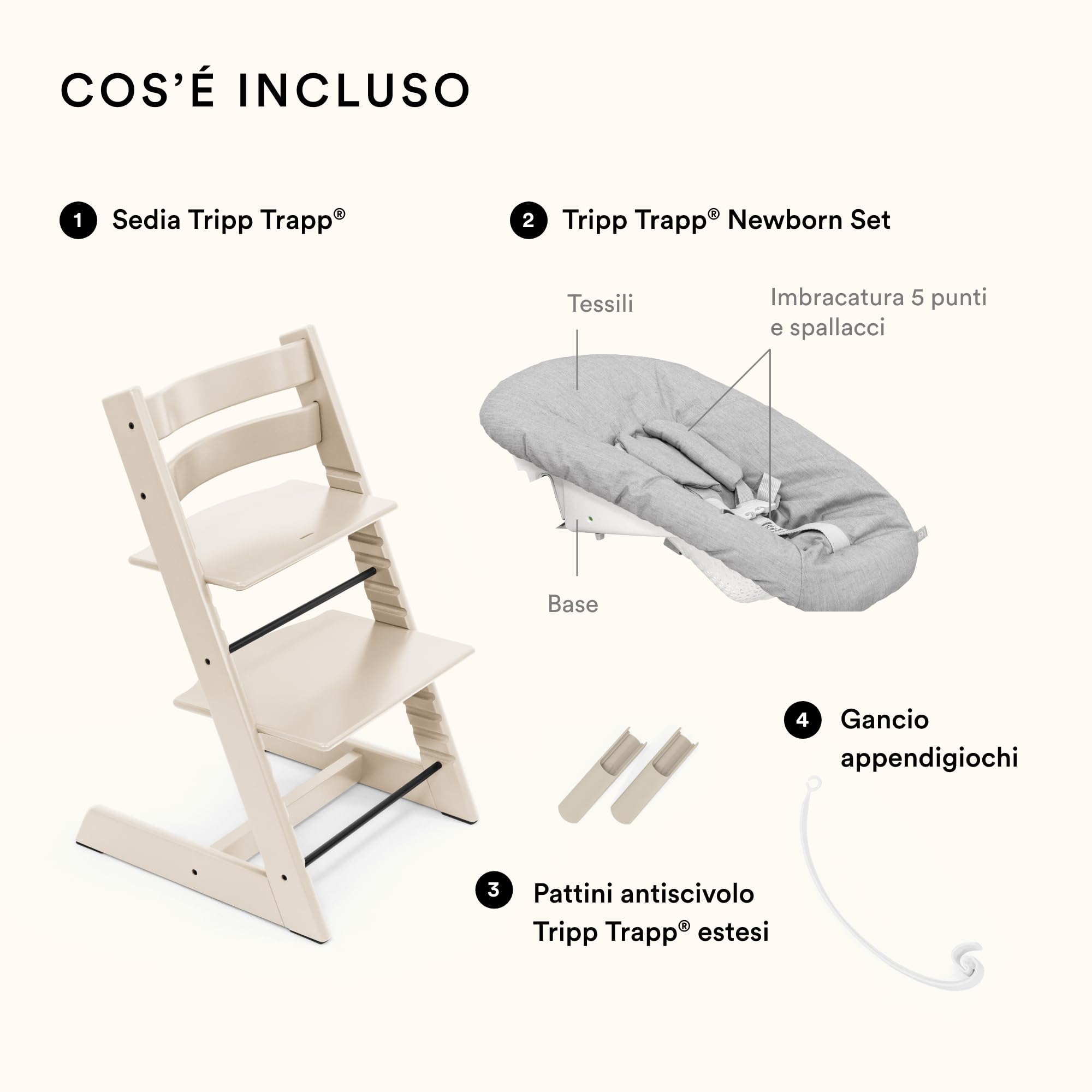 Sedia Tripp Trapp di Stokke (Vanilla White) con Newborn Set (Grey) - Per neonati fino a 9 kg - Confortevole, sicuro e facile da usare