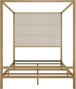 Black Canopy Bed Frame Queen with 76.5 Tall Upholstered Headboard, 4-Poster Metal Platform Bed Frame Queen Size, Mattress Foundation/Under-Bed Storage Space/Box Spring Needed (Gold, Queen)
