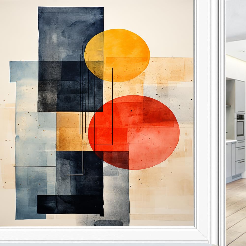 Vintage Muster Fensterfolie Hitzeblockierung Bunte Geometrische Bilder Privatsphäre Fenster Dekor Glastür Abdeckung Nicht Klebende Fensteraufkleber für Badezimmer Küche 90x160cm