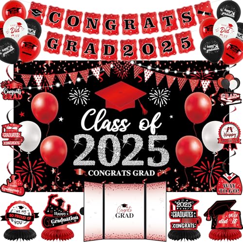Image of Vlipoeasn Red 2025 Graduation Party Decorations Black Red 2025 College /High School Graduation Decorations Party Supplies, Red Class of 2025 Congrats Grad Backdrop Banner Signature Book