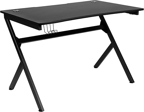 Miniatura 46 de Flash Furniture Juego de escritorio para juegos negro y silla de carreras blanco/negro con soporte para tazas, gancho para auriculares y soporte