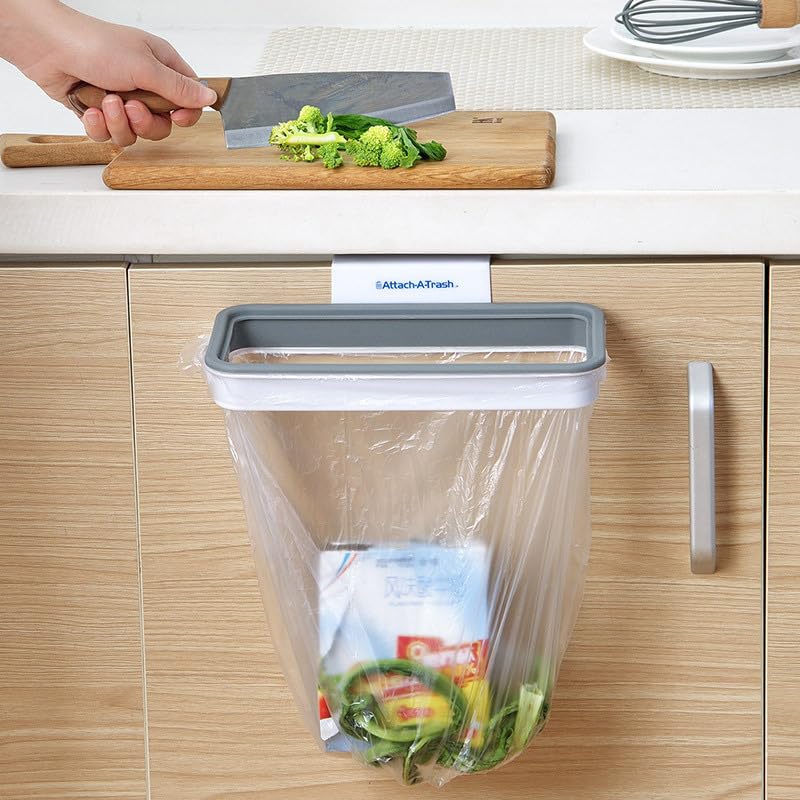 LOVEQI Attach A Trash - Hanging Trash Bag Holder Over Door Cabinet Drawer Trash Bag Rack White Plastic Garbage Bag Organizer with Lid Kitchen Closet Cupboard Accessory