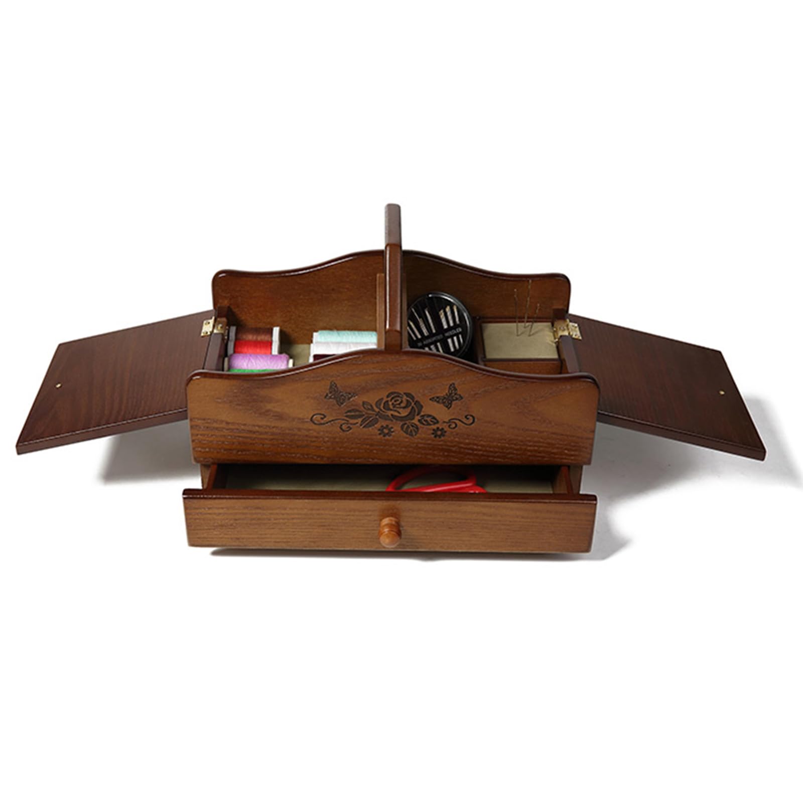 Cesta De Costura De Madera, Caja De Almacenamiento Expandible para Agujas E Hilos, con Cajones Y Asa De Fácil Transporte, Herramientas De Costura para El Hogar Y Bordado (Caja Vacía)