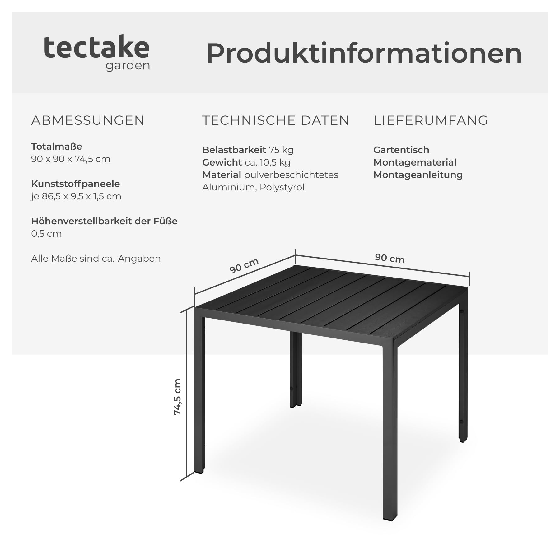 tectake® Gartentisch, Outdoor Esstisch, Balkontisch in Holz Optik, Terrassentisch mit Aluminiumrahmen, Gartenmöbel wetterfest, 90x90x74,5cm, Tisch für Garten, Lounge, Sitzgruppe - schwarz