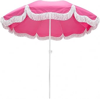 BohoBeach Umbrella With Fringe Pink Patio Umbrella 6.5ft Portable Tilting Sun Shade Parasol With Carry Bag For Pool Yard Garden Outdoor