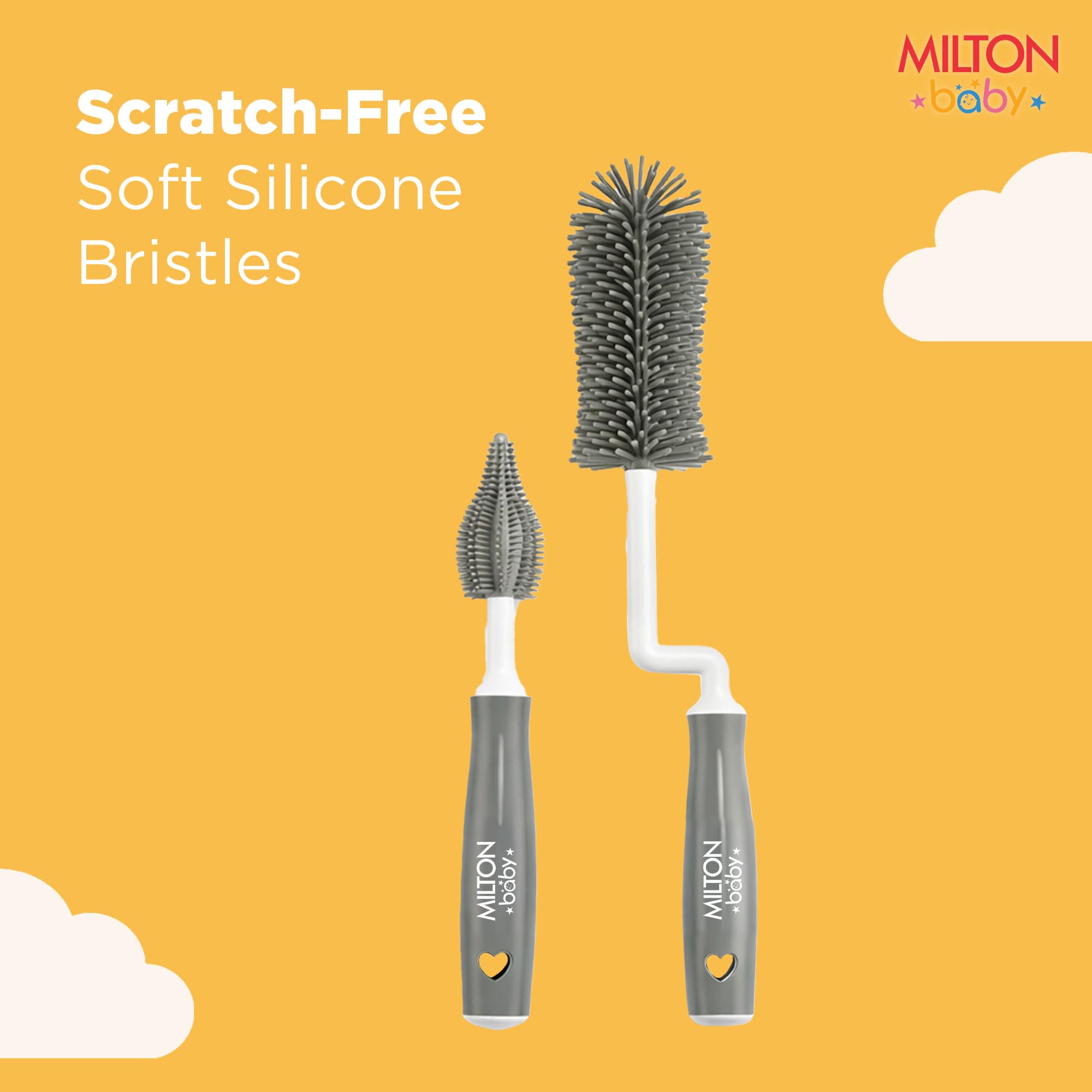 Milton Baby Silicone 3-in-1 Bottle Brush Set | 360° Movable Long Handle | Bottle, Nipple & Straw Cleaner | BPA-Free, Food Grade I Scratch-Free Soft Bristles for Narrow & Wide Neck Bottle I Grey