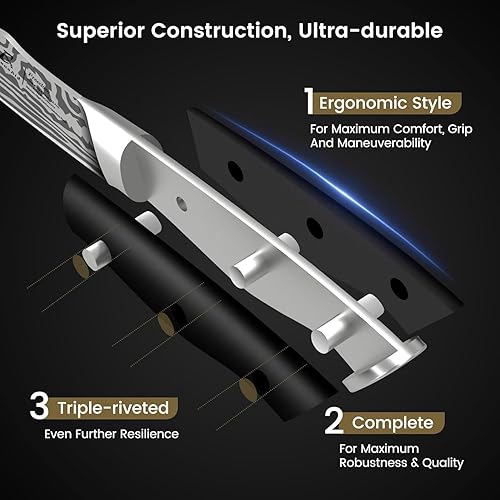 Miniatura 4 de CoquusAid Cuchillos para carne con soporte para cuchillos, juego de cuchillos de carne forjados con triple remache, acero japonés de alto carbono,
