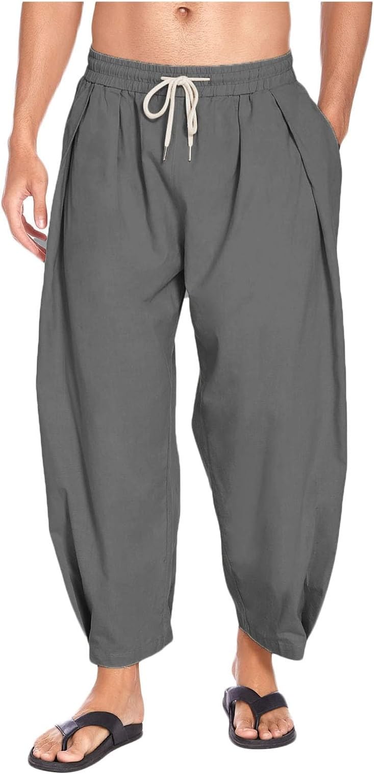 Men Cotton Linen Baggy Beach Trousers Solid Color Lightweight Elastic Waist Drawstring Harem Pants with Pockets Breathable Loose Fit Jogging Trousers