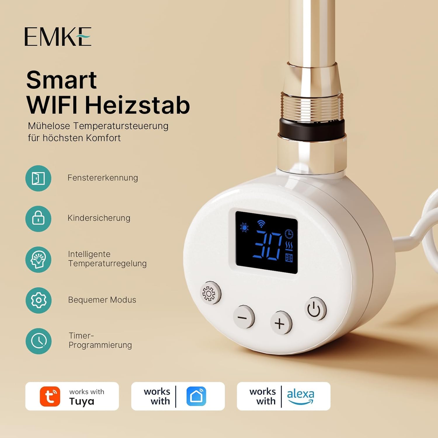 EMKE Smart WiFi Heating Rod with display showing 30 degrees Celsius and various icons for smart features