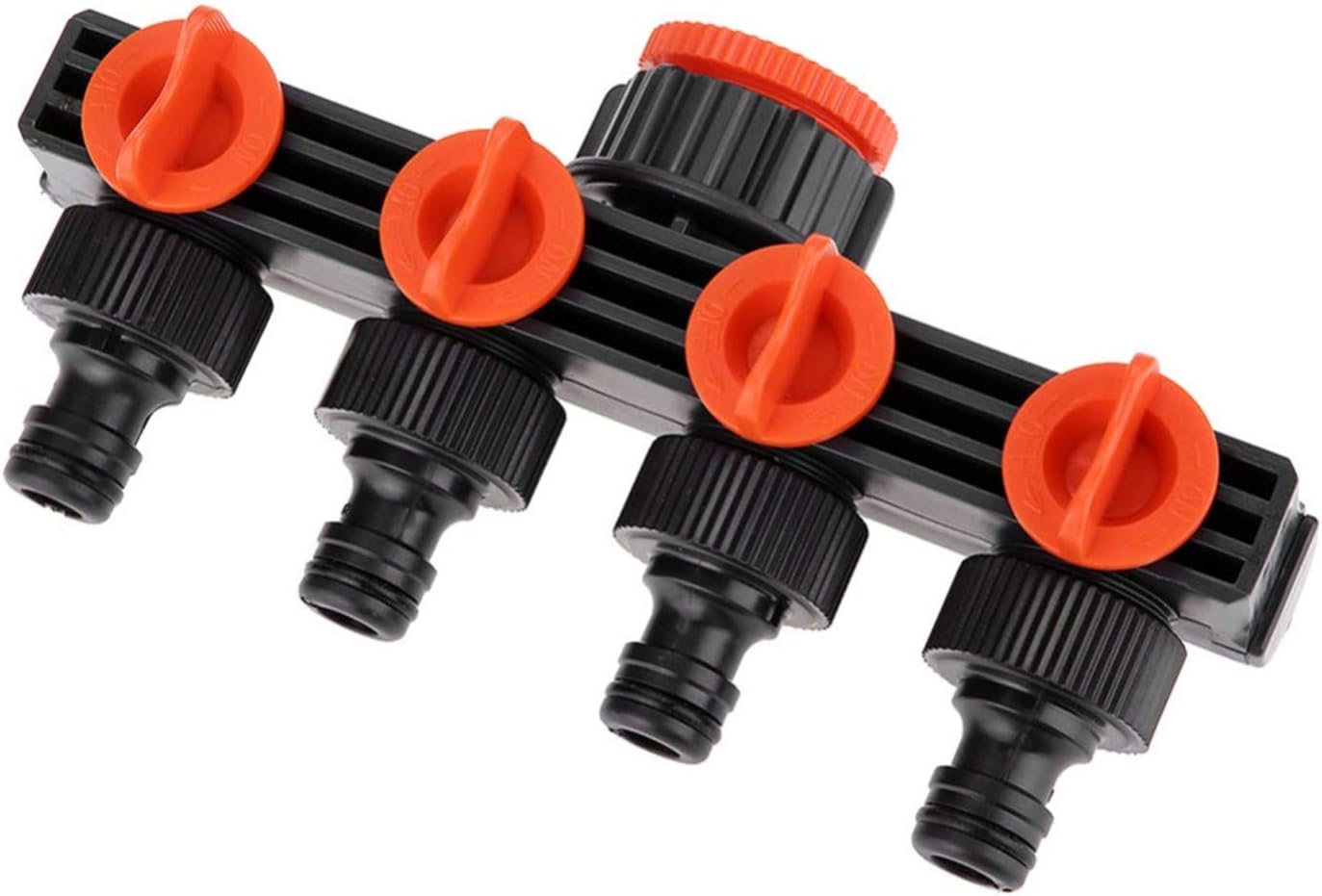 JasCherry Four-way Splitter Garden 192g Watering Lawn Maintenance Faucet Splitter, 1-in 4-out Splitter With Valve, ABS/PP Material, Water Inlet 1"-1/2" or 3/4" and 4 Nipple Joint Outlets Orange Style