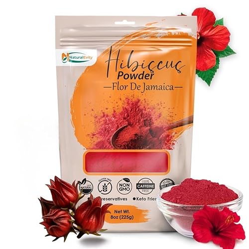 Polvo de hibisco, natural y de calidad premium, para cabello, cara y piel, perfecto para alimentos y bebidas, sin cafeína, sin aditivos (8 onzas)