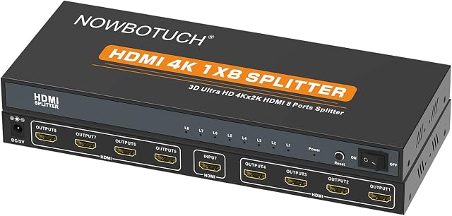 NOWBOTUCH 1x8 HDMI Splitter 8 Port 1 in 8 out HDMI Switch 1 Port to 8 HDMI Display Duplicate/Mirror Powered Splitter Ver 1.4 Certified for Full HD 1080P High Resolution 3D Support