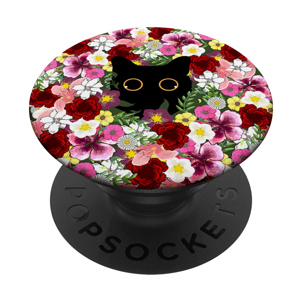 Black Cat Eyes in Flowers Cute Floral Scary Animal Lover PopSockets Adhesive PopGrip
